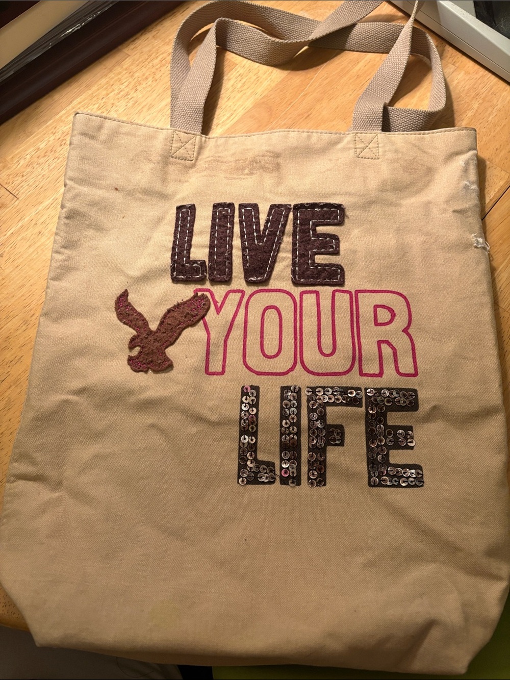 American Eagle Outfitters Beige Canvas Tote with Sequin & Pink Lettering